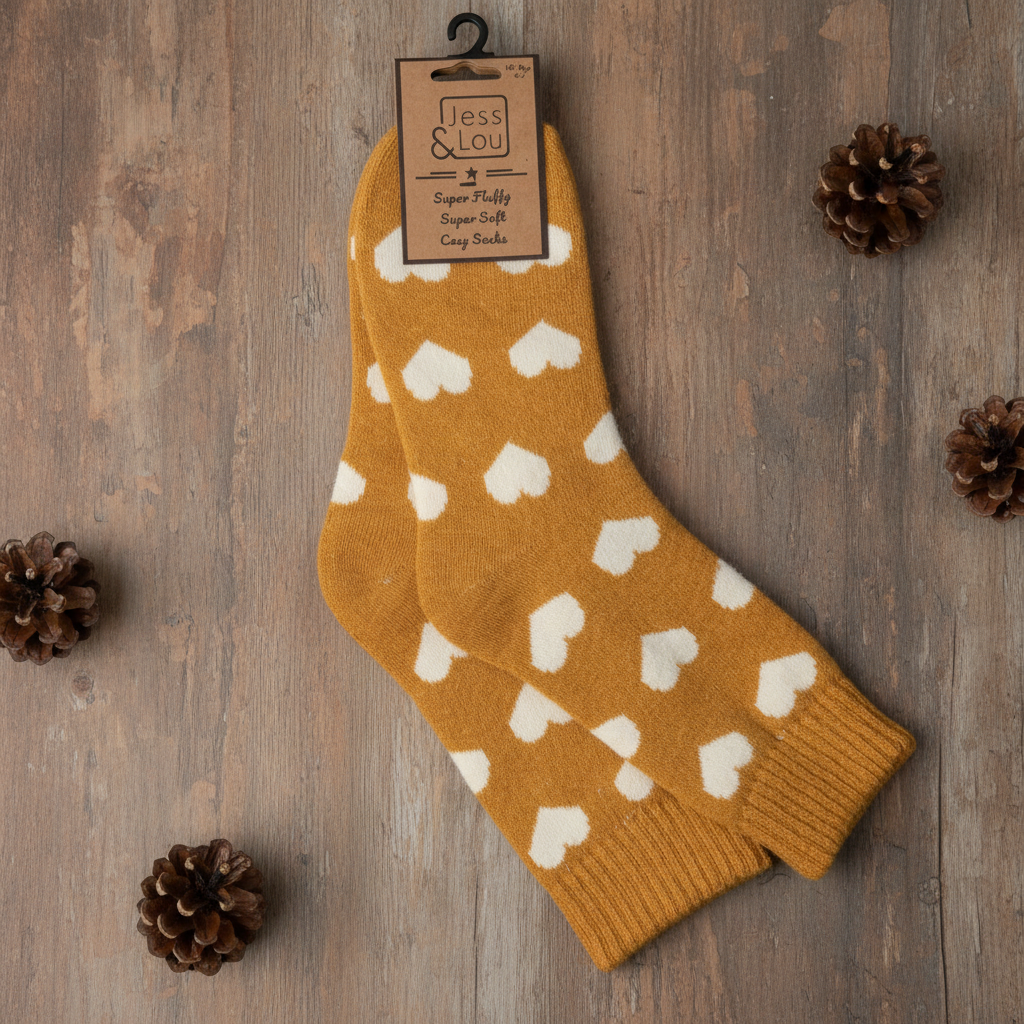 A pair of mustard yellow crew socks with a white heart pattern, shown on a white background with a brown paper brand tag attached.