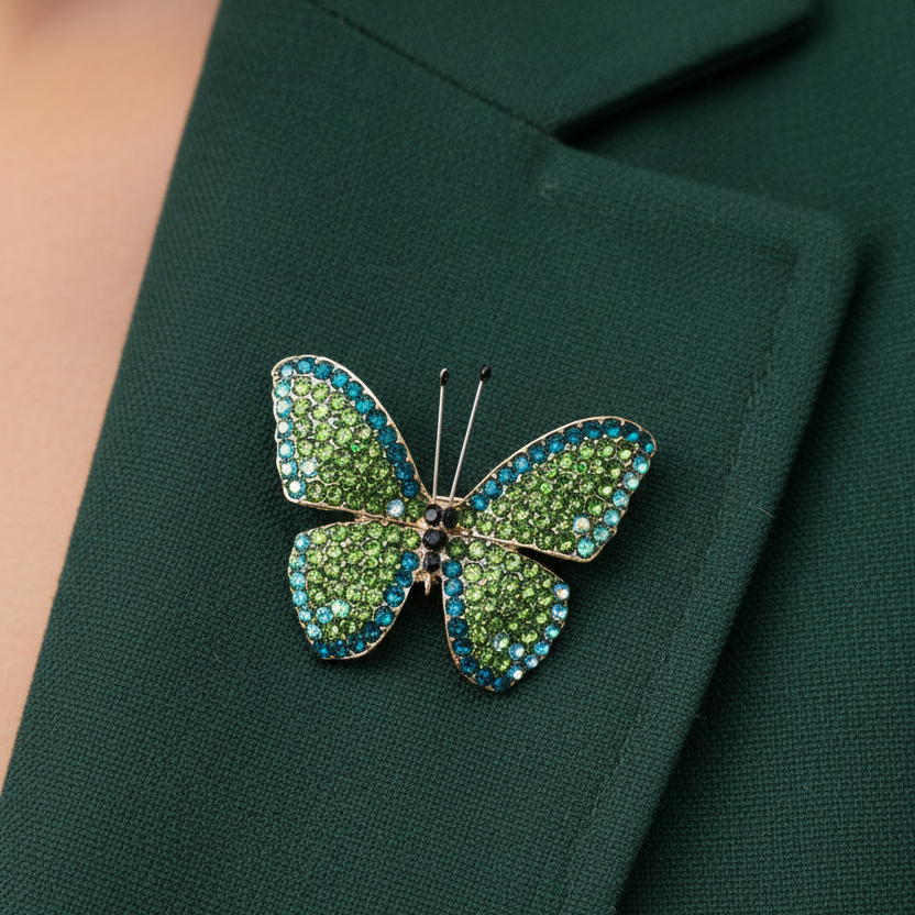 Black Ginger Glorious Green Butterfly Brooch featuring vibrant green butterfly design with detailed metalwork.
