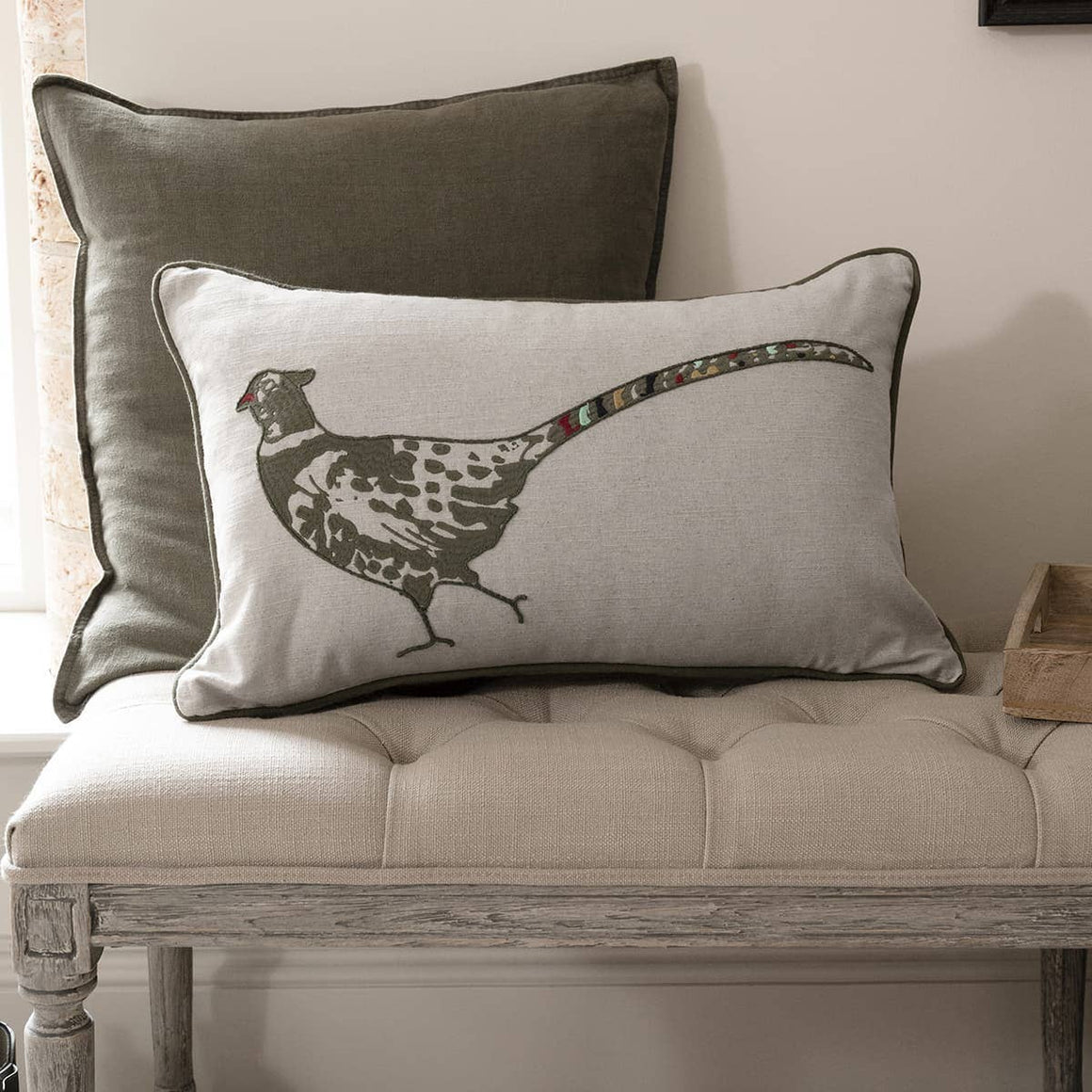 PHEASANT EMBROIDERED CUSHION – LINEN BLEND WITH DUCK FEATHER FILL