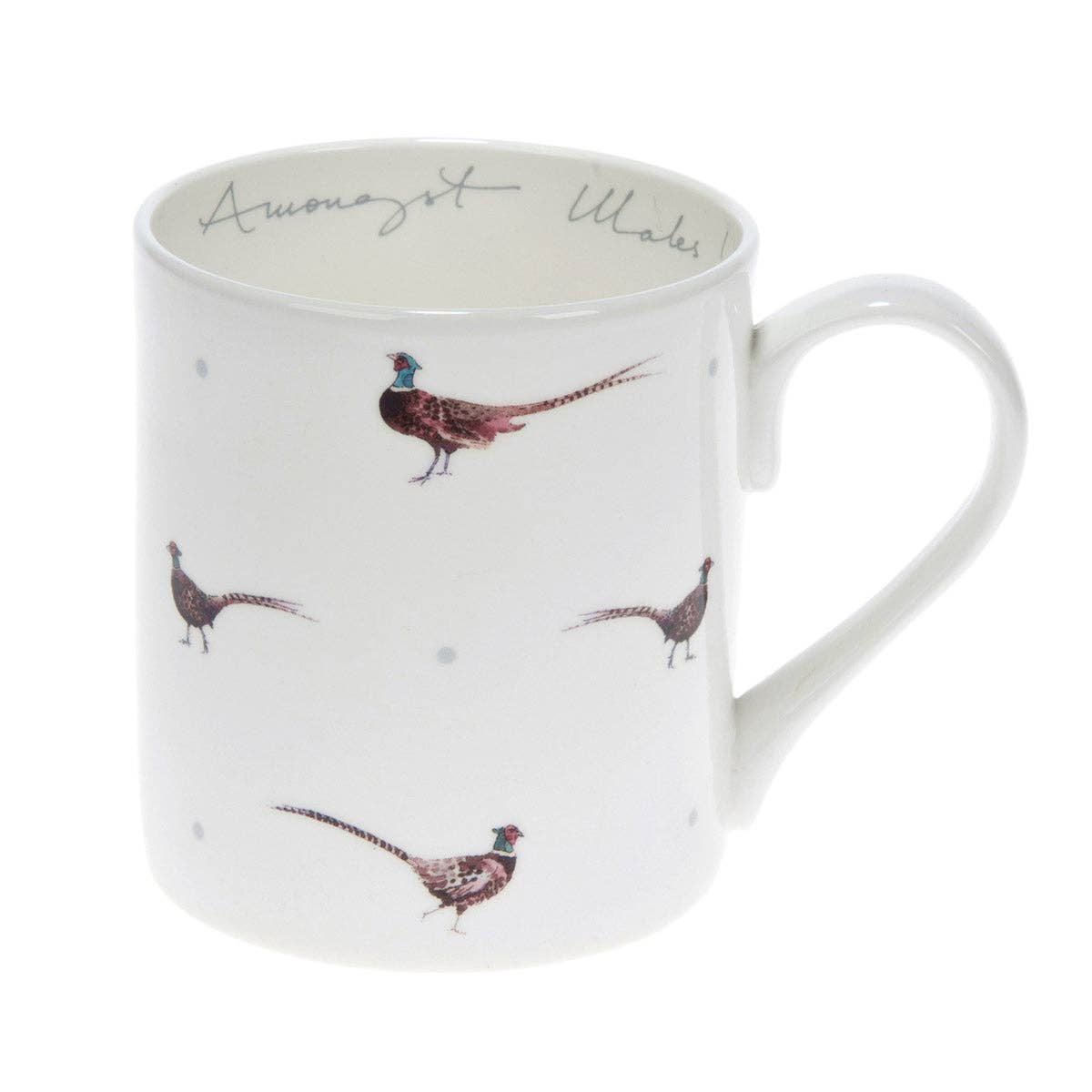 White mug with pheasant illustrations on a white background