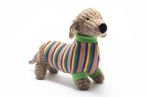 KNITTED SAUSAGE DOG SOFT TOTY TEDDY WITH STRIPE JUMPER