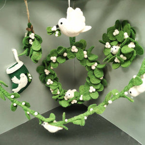 HANDMADE FELT BIODEGRADABLE MISTLETOE DOVE HANGING CHRISTMAS DECORATION