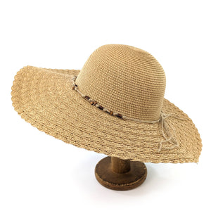 FOLDING WIDE BRIM TRAVEL SUN HAT - DARK BEADED BAND - 57cm