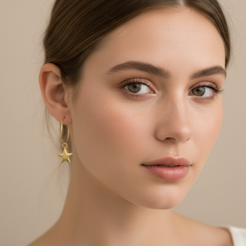 Gold star sleeper earrings on young dark haired girl