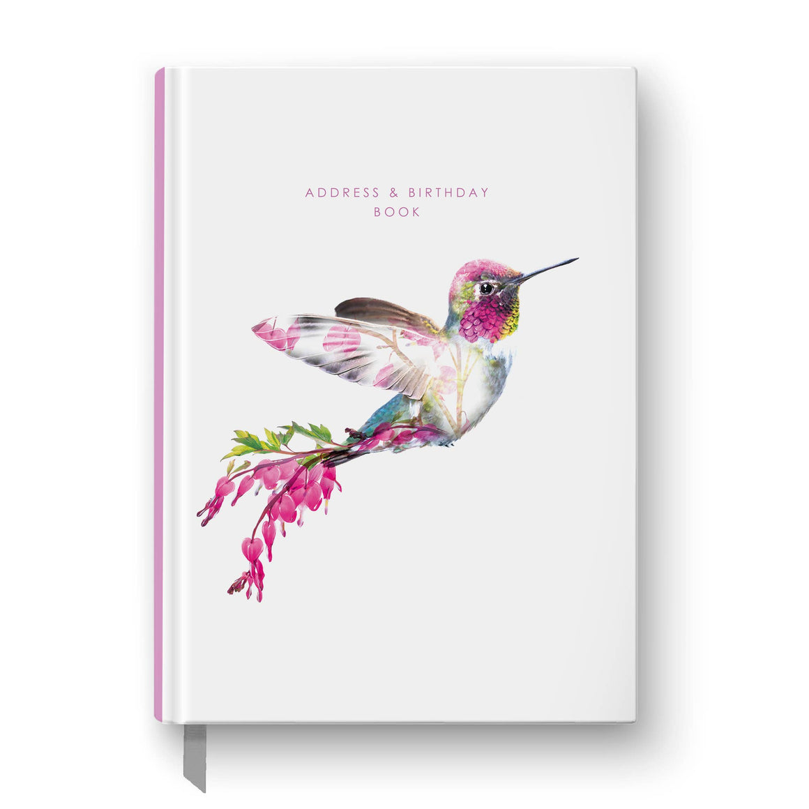 Address and birthday book with a colorful hummingbird illustration on a white background