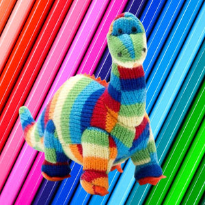 KNITTED DIPLODOCUS DINOSAUR BABY RATTLE - STRIPED