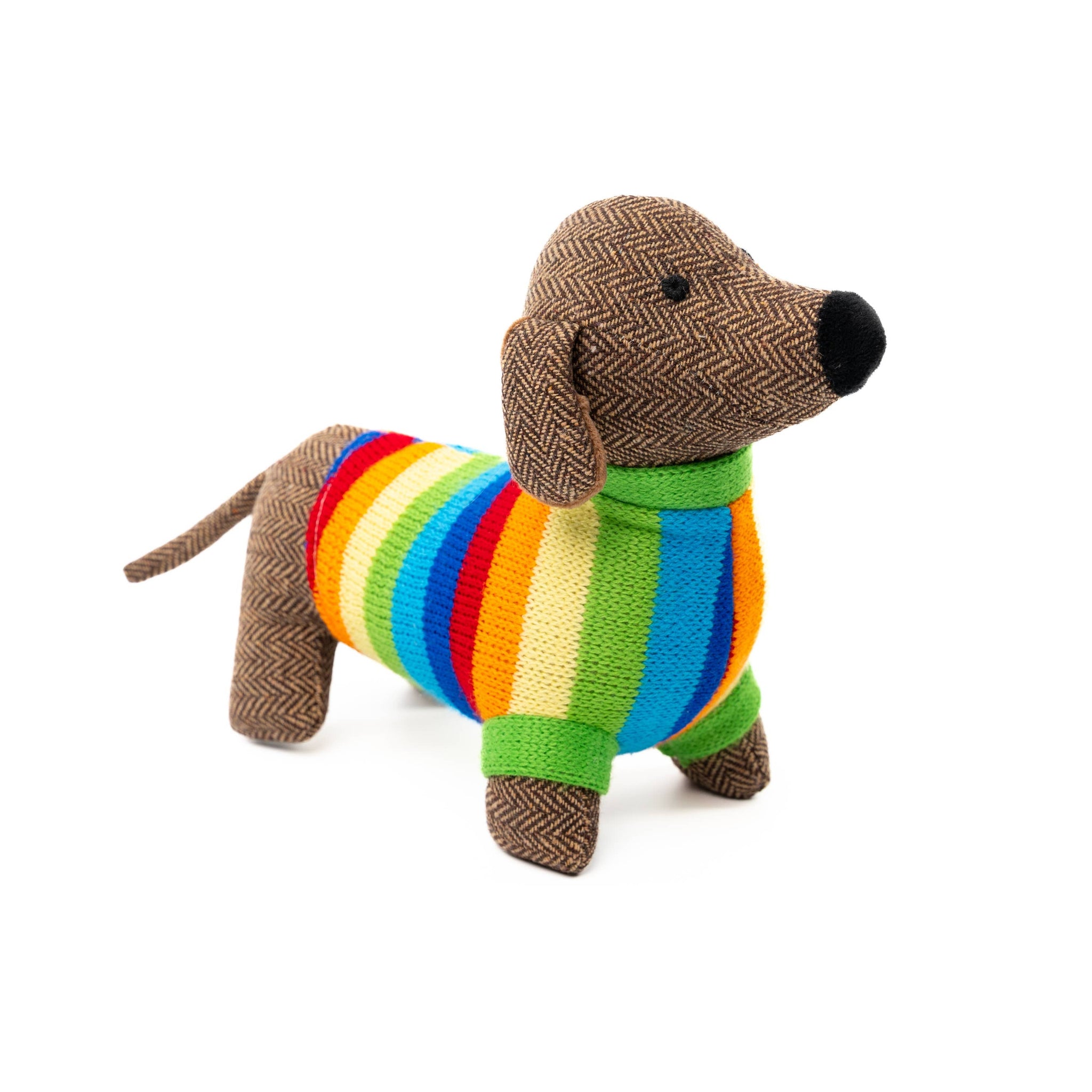 Knitted dog toy with a colorful striped sweater on a white background