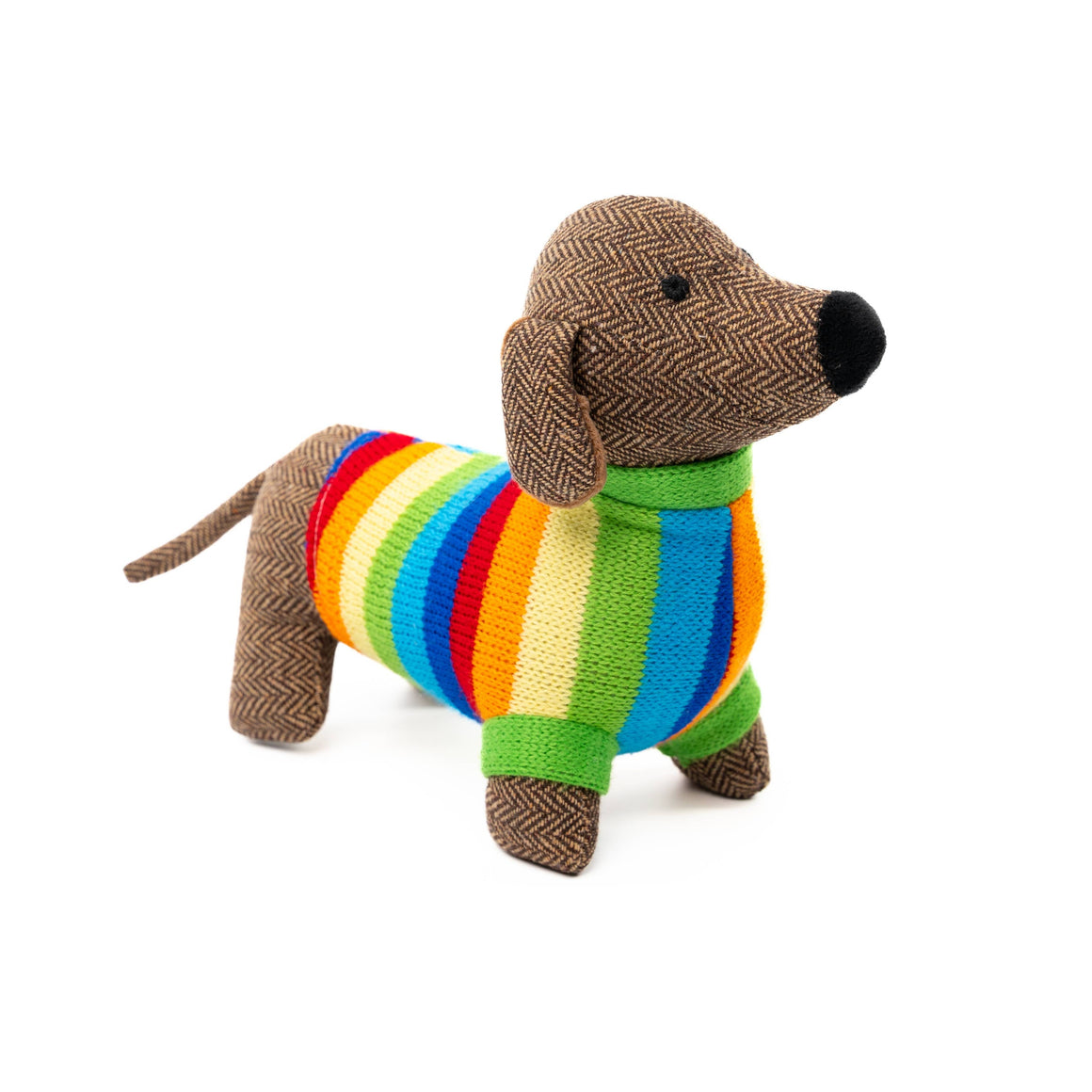 Knitted dog toy with a colorful striped sweater on a white background