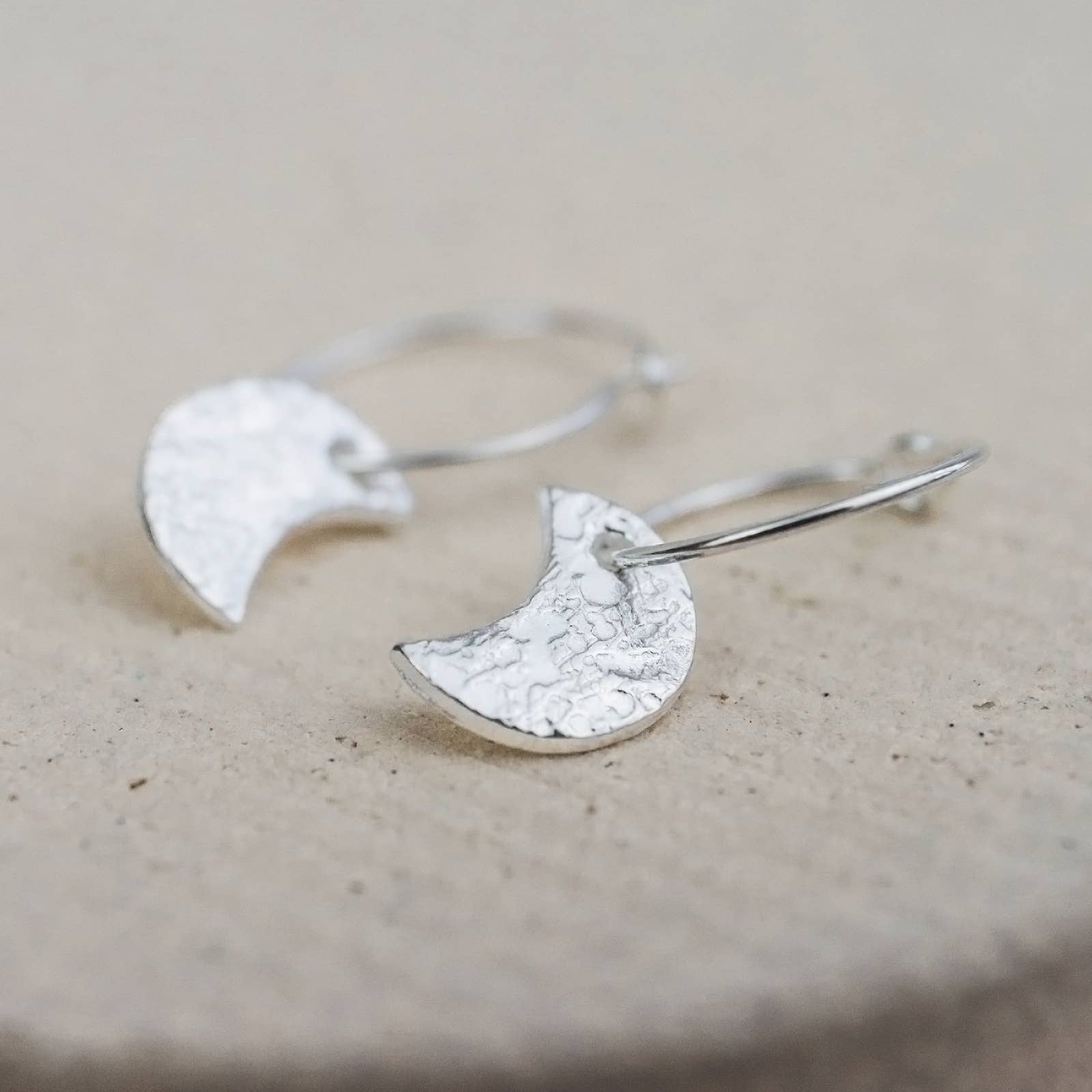 Sterling Silver Textured Moon Charm Hoops - Feather & Twigs