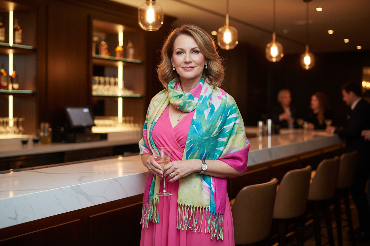 Woman in a pink dress with a colorful scarf standing in a bar setting