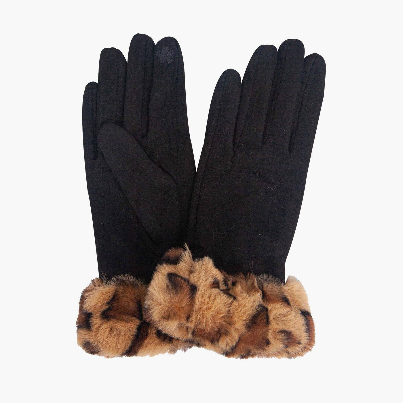 Black gloves with leopard print cuffs on a white background