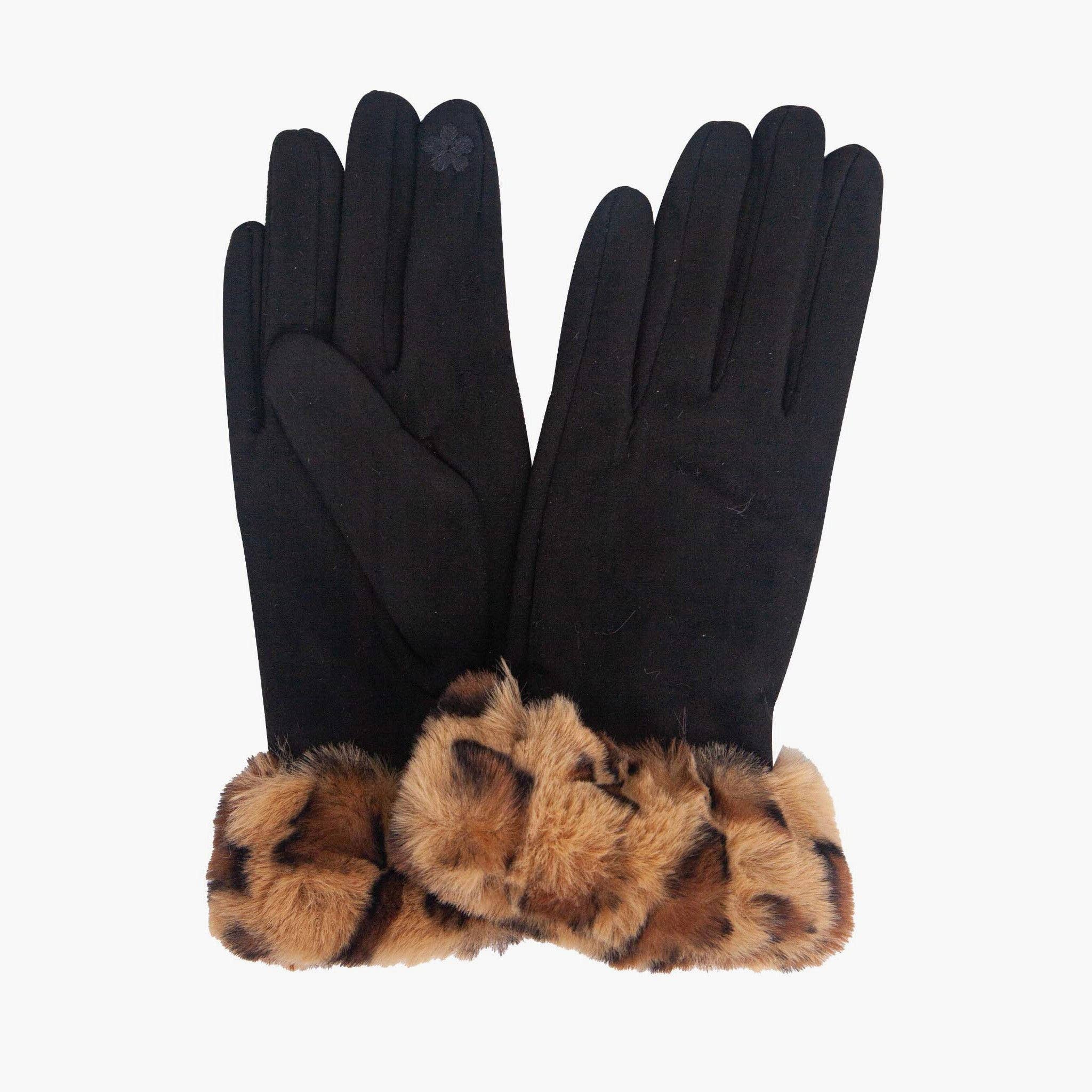 Black gloves with leopard print cuffs on a white background