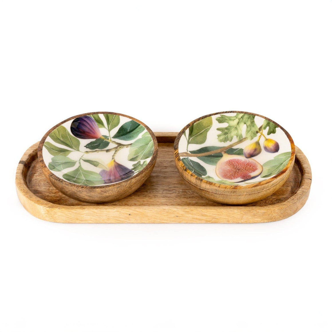 Two small ceramic bowls with botanical design on a wooden tray