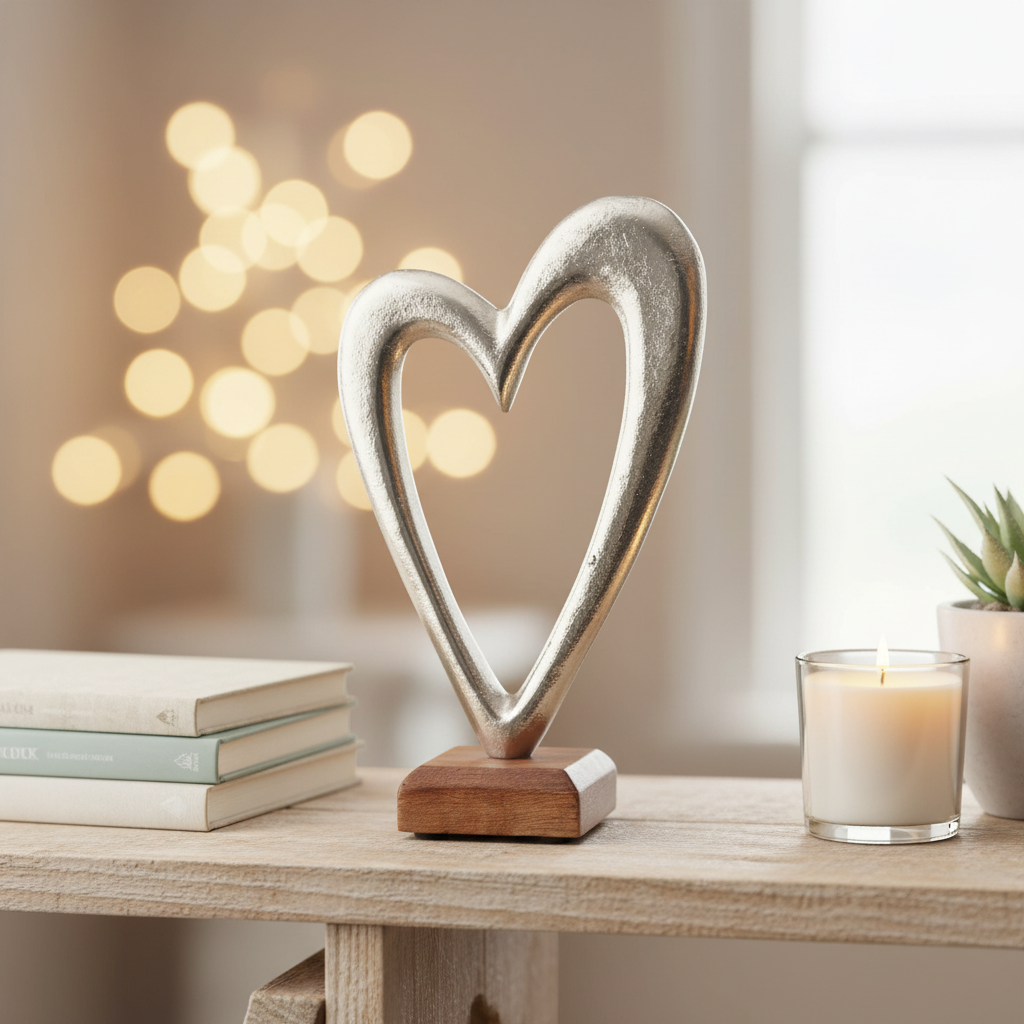 SILVER HEART ON WOODEN BASE - 15 CM