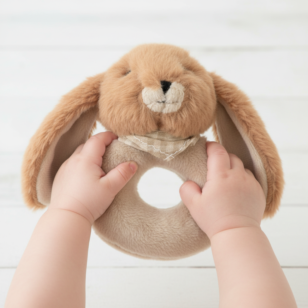 Brown plush bunny baby rattle toy from Jomanda Soft Toys & Accessories, soft and cuddly for infants.