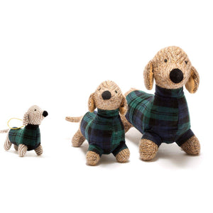 KNITTED SAUSAGE DOG BABY RATTLE WITH TARTAN JUMPER