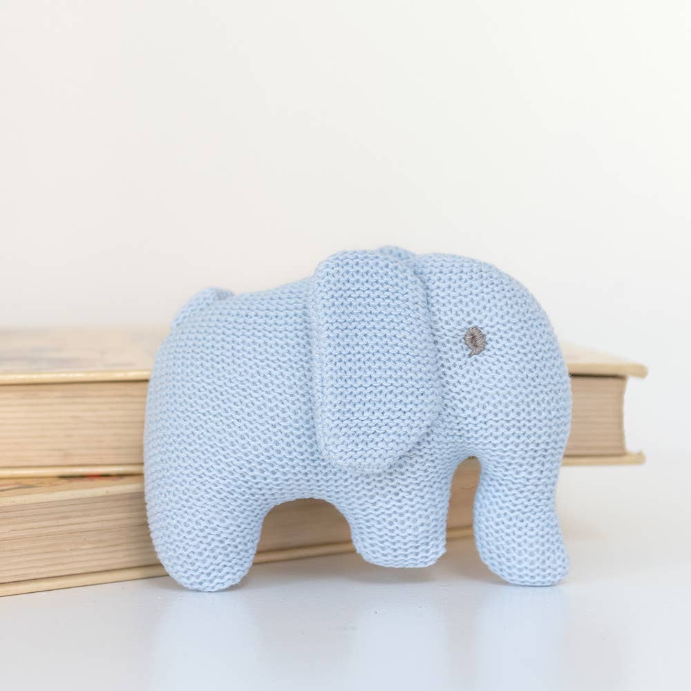 Knitted Organic Cotton Blue Elephant Baby Rattle - Feather & Twigs
