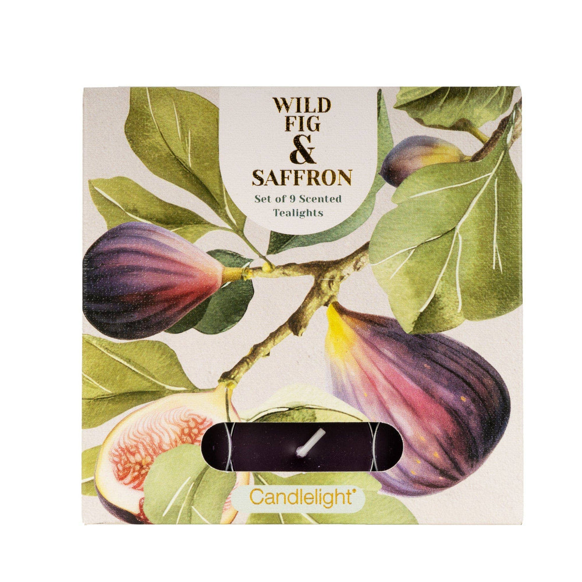 Packaging of Wild Fig & Saffron scented tealights with fig illustrations.