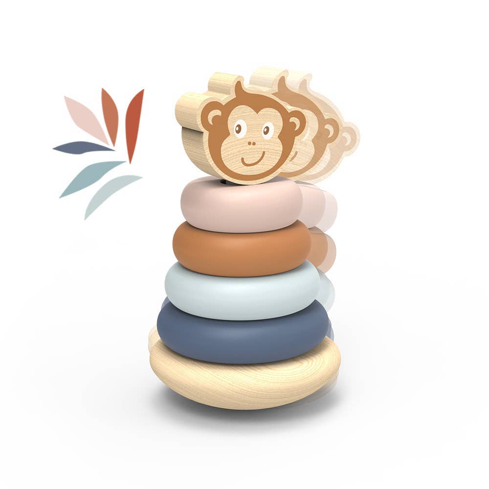 Stack of colorful wooden rings with a monkey face on top, on a white background.