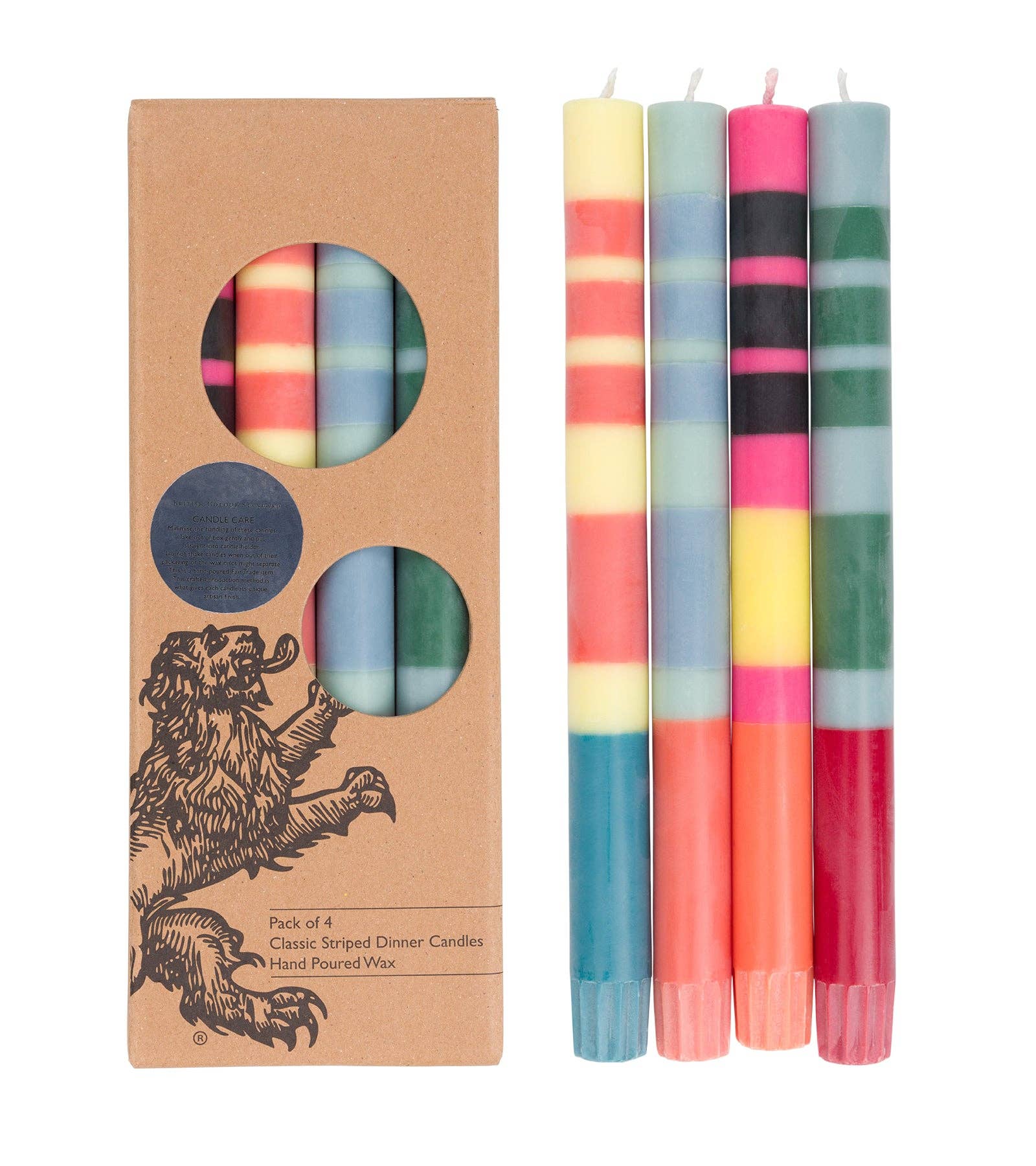 BRITISH COLOUR STANDARD STRIPED DINNER CANDLES - MIXED COLOUR SET OF 4