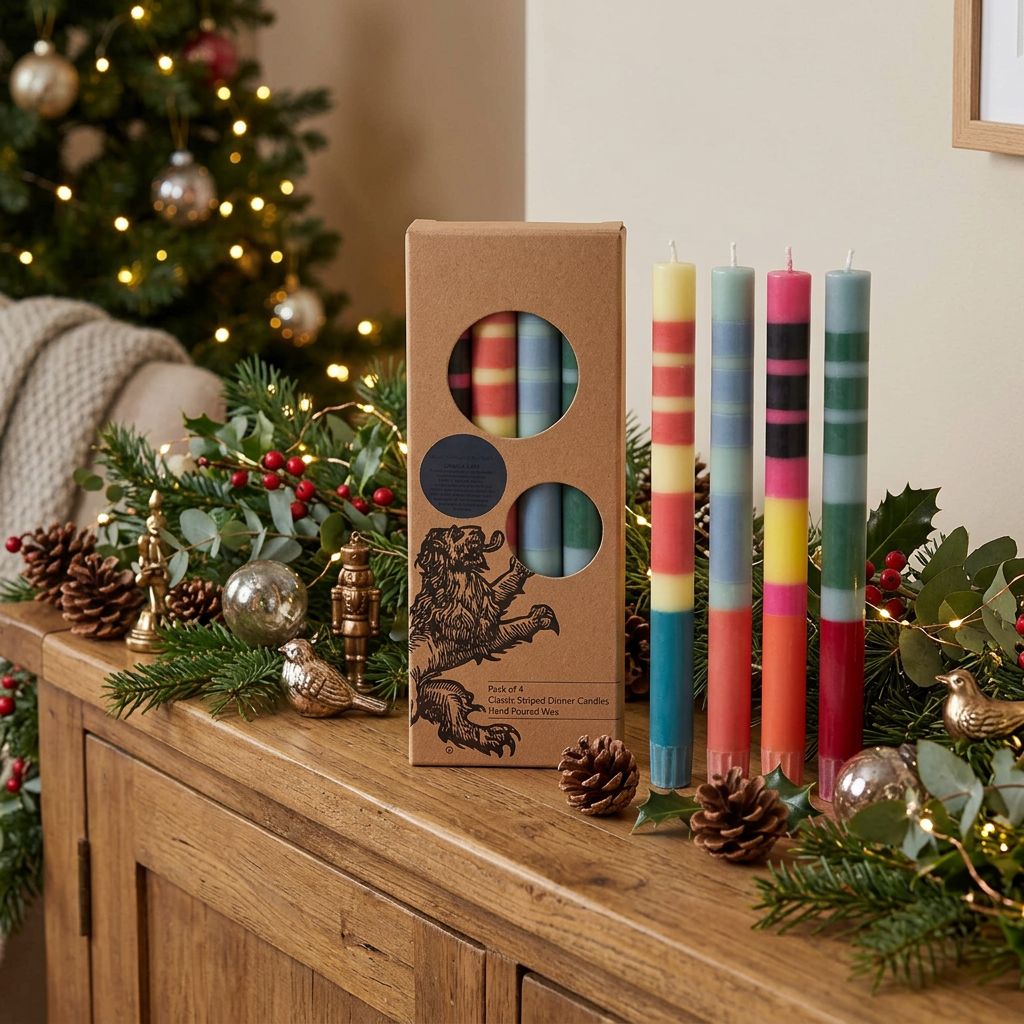 British Colour Standard striped dinner candles, mixed colour set of four