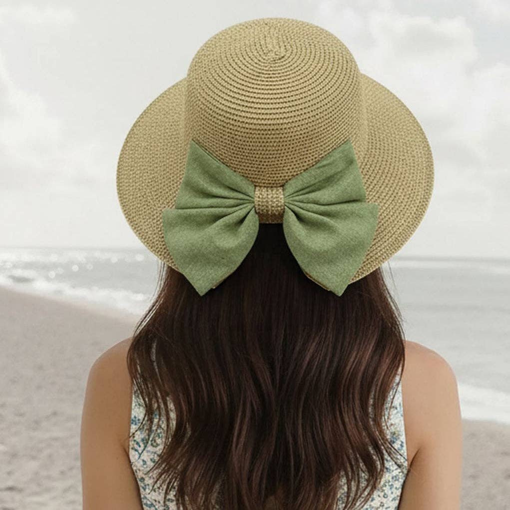 Big Bow Open Back Foldable Hat (57cm) - Olive - Feather & Twigs