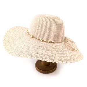 FOLDING WIDE BRIM TRAVEL SUN HAT - PINK BEADED BAND - Up to 57cm