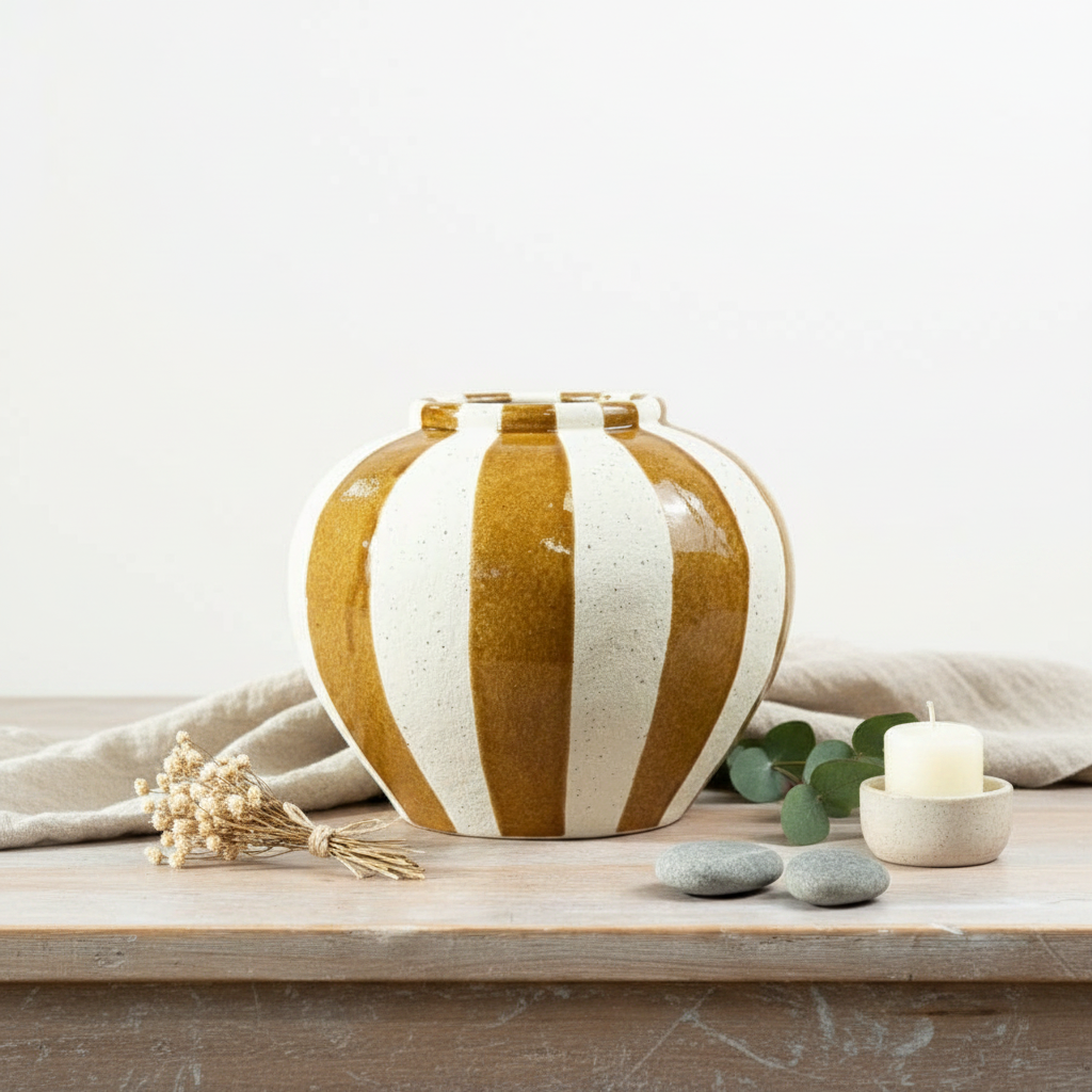 A round ceramic vase with vertical mustard-gold and cream stripes sits on a rustic wooden table styled with a linen cloth, dried flowers, green leaves, two gray stones, and a small candle holder with a white candle.