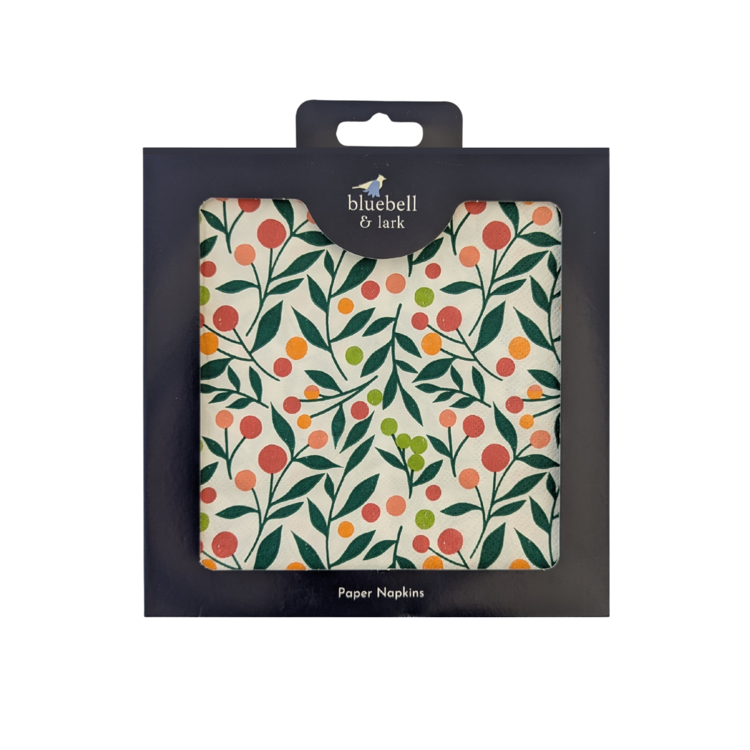 Packaged paper napkins with floral design and 'bluebell & lark' branding.
