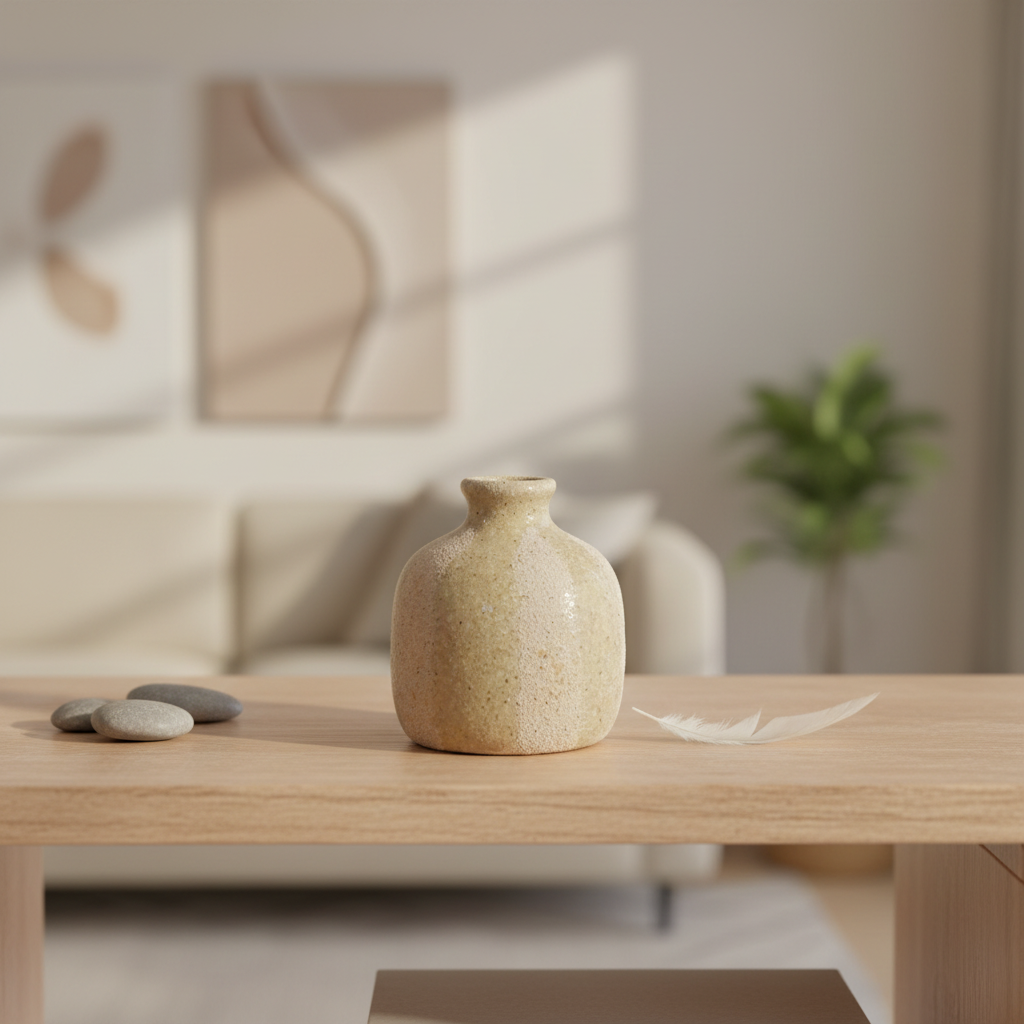 Beige ceramic vase on a wooden surface with a blurred background