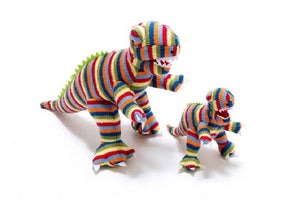 T REX SOFT TOY DINOSAUR - KNITTED RAINBOW STRIPE