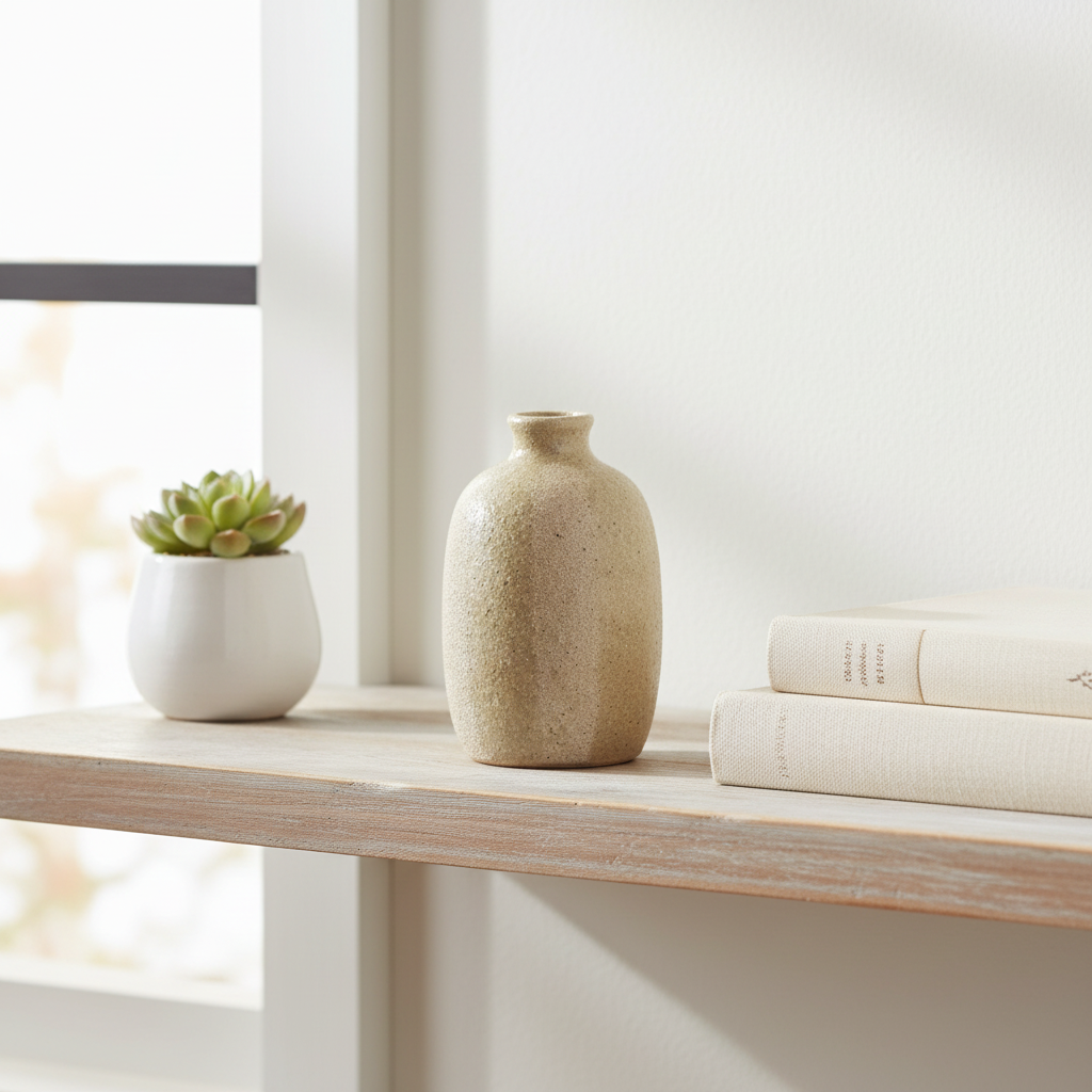 Beige ceramic vase on a wooden surface with a blurred background