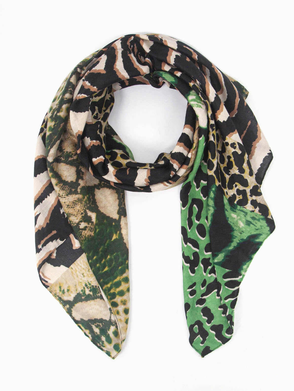 Sarta Harriet lightweight scarf in green animal print, featuring a soft drape and patterned design