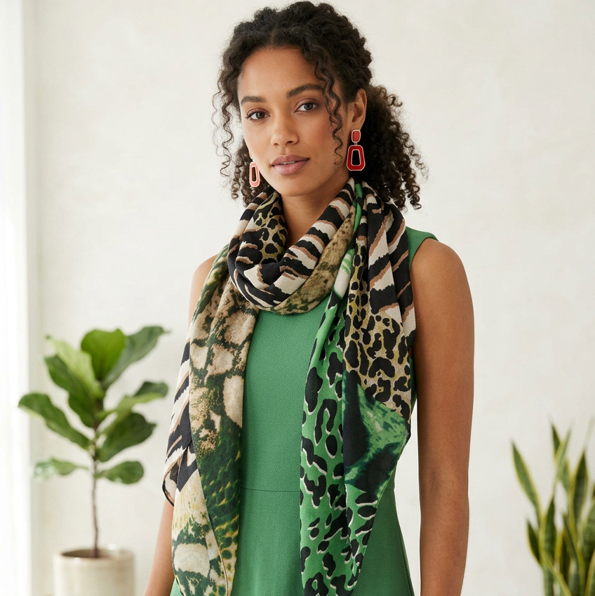Sarta Harriet lightweight scarf in green animal print, featuring a soft drape and patterned design