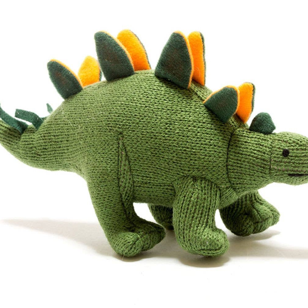 KNITTED STEGOSAURUS DINOSAUR BABY RATTLE GREEN/ORANGE