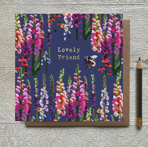 Sarah Kelleher floral greeting card featuring a cute bee design, with vibrant flowers and charming illustration.