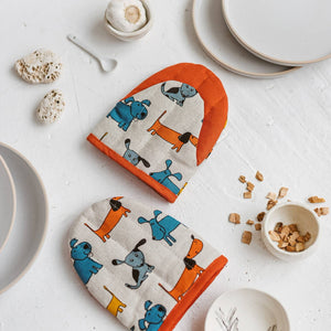 'DOGS' LINEN MINI OVEN GLOVE - ORANGE