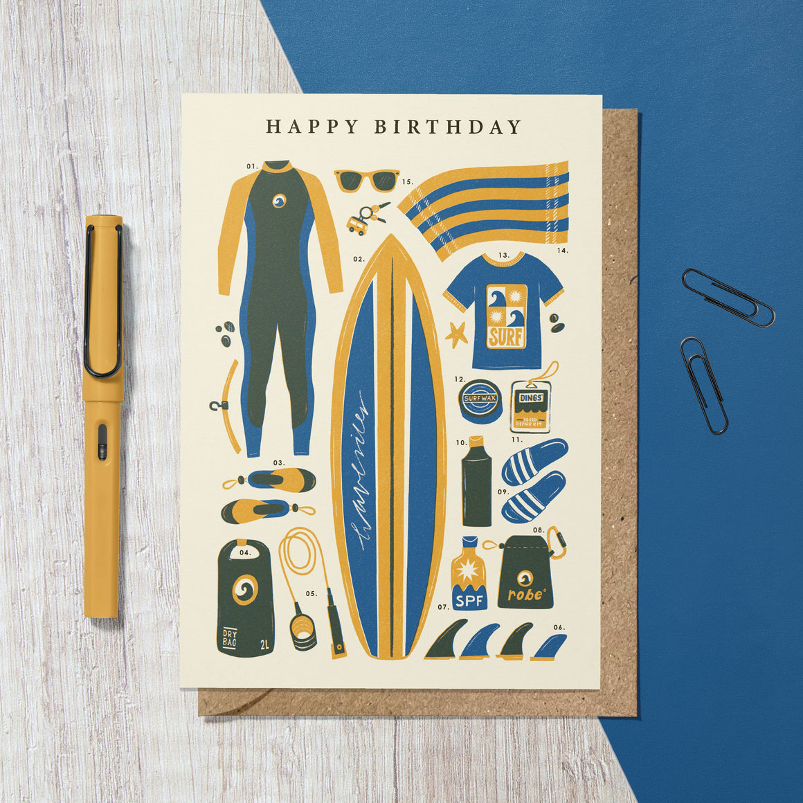 Birthday card with surf-themed illustrations on a blue and gray background