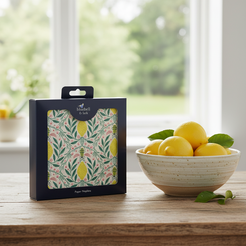 Bluebell and Lark bee and lemon paper napkins with yellow and black bee and lemon illustrations on white background