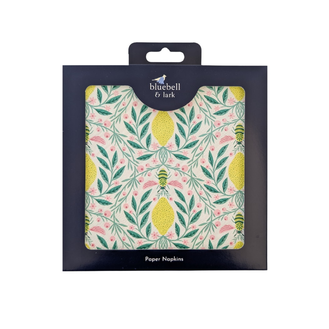 Bluebell and Lark Bee and Lemon paper napkins featuring a bee and lemon design on white background