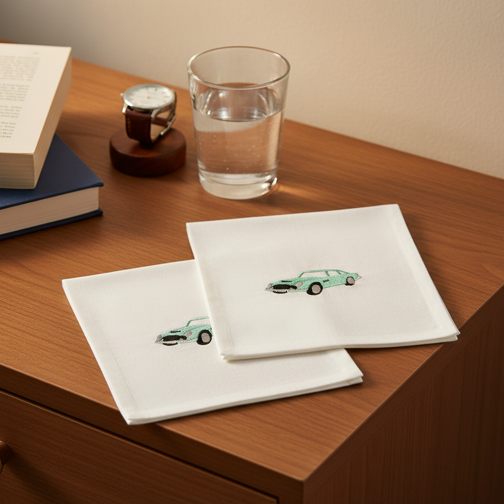 A pair of white cotton handkerchiefs by David Aster England, each embroidered with a mint green Aston Martin car on a black and white retail card.
