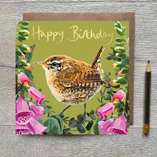 Sarah Kelleher WREN Happy Birthday greeting card with colorful bird illustration and cheerful birthday message.