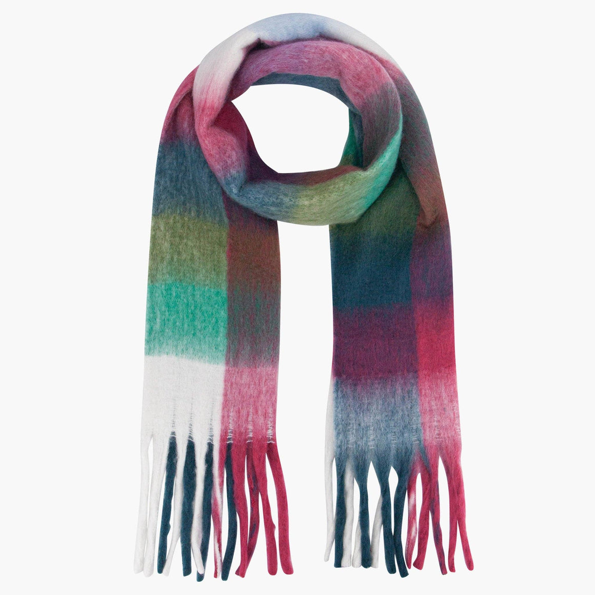 Multicolored plaid scarf with tassels on a white background