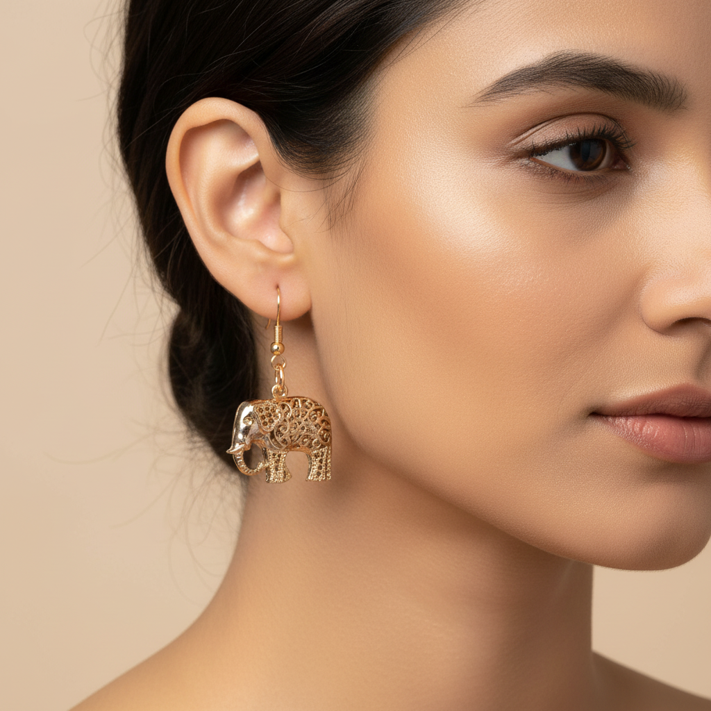 Gold plated elephant earrings by Cockatoo featuring detailed elephant charm jewelry for women.