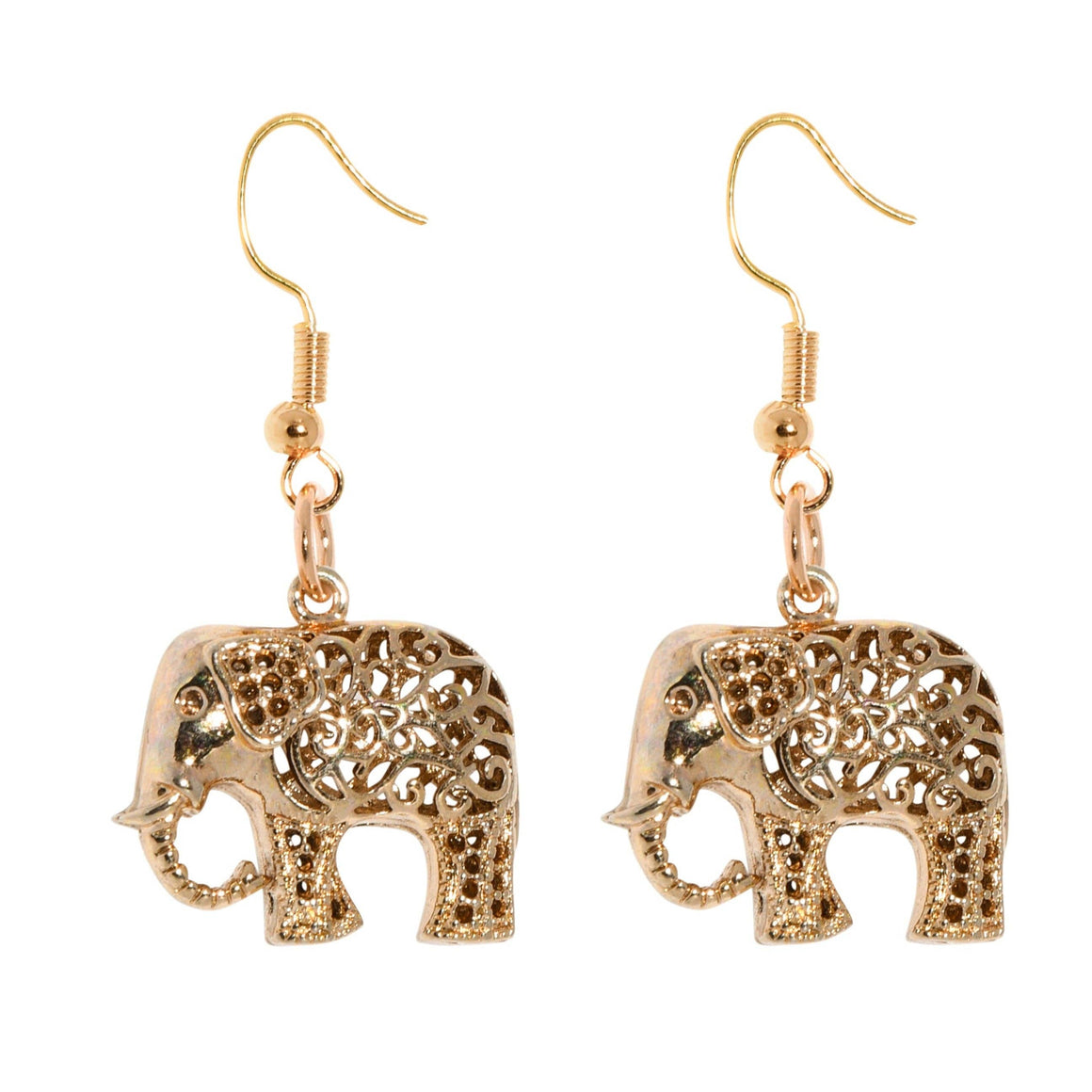 Gold elephant-shaped earrings on a white background
