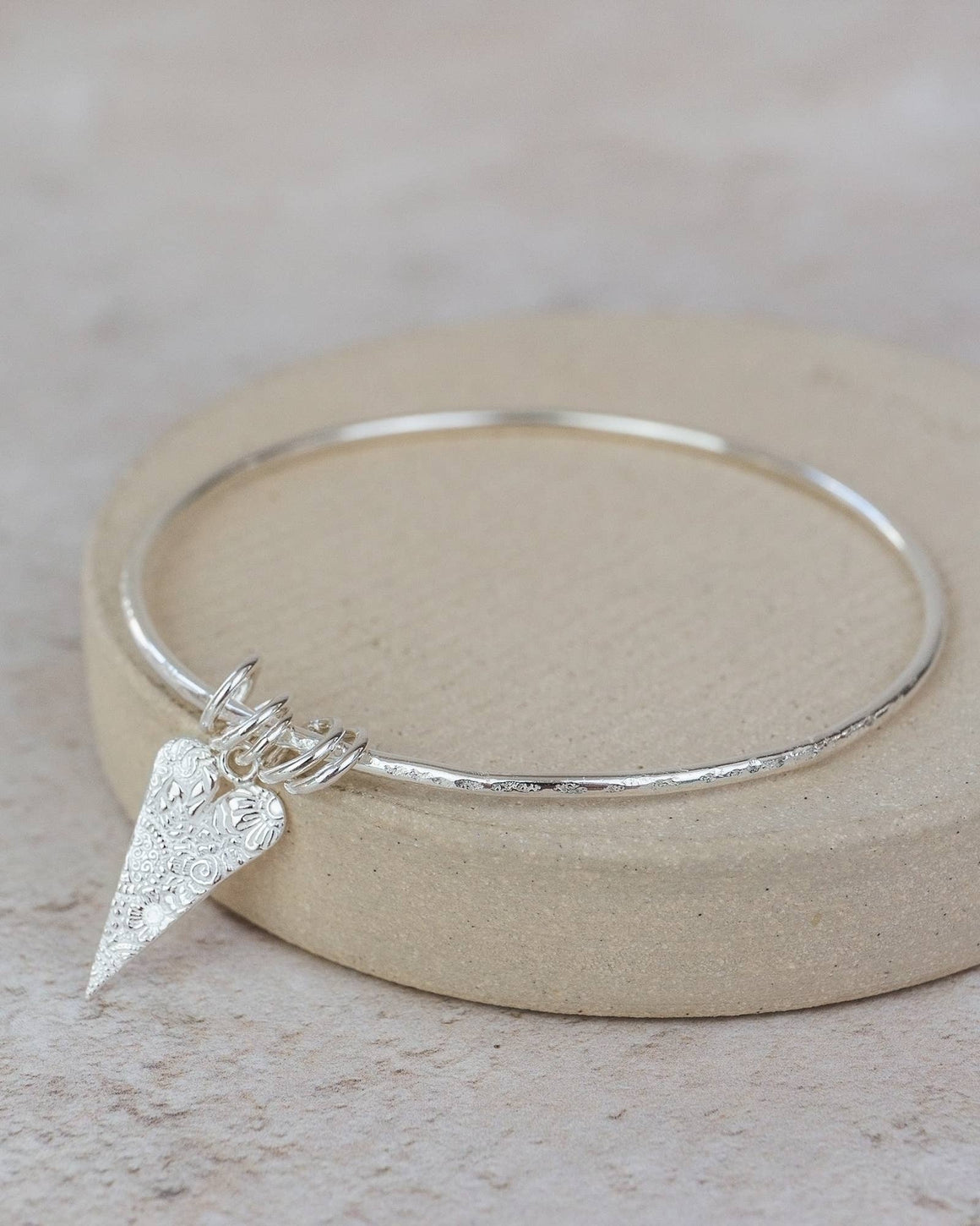 Sterling Silver Long Heart Charm Bangle
