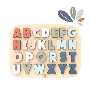 Wooden alphabet puzzle with colorful letters on a white background