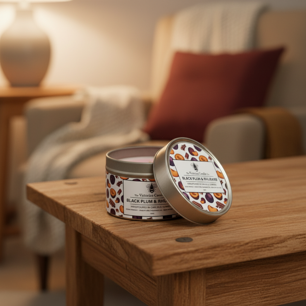 Black Plum & Rhubarb scented soy candle by The Victorian Candle Co. in a 100ml glass jar, with a lit wick and warm glow.