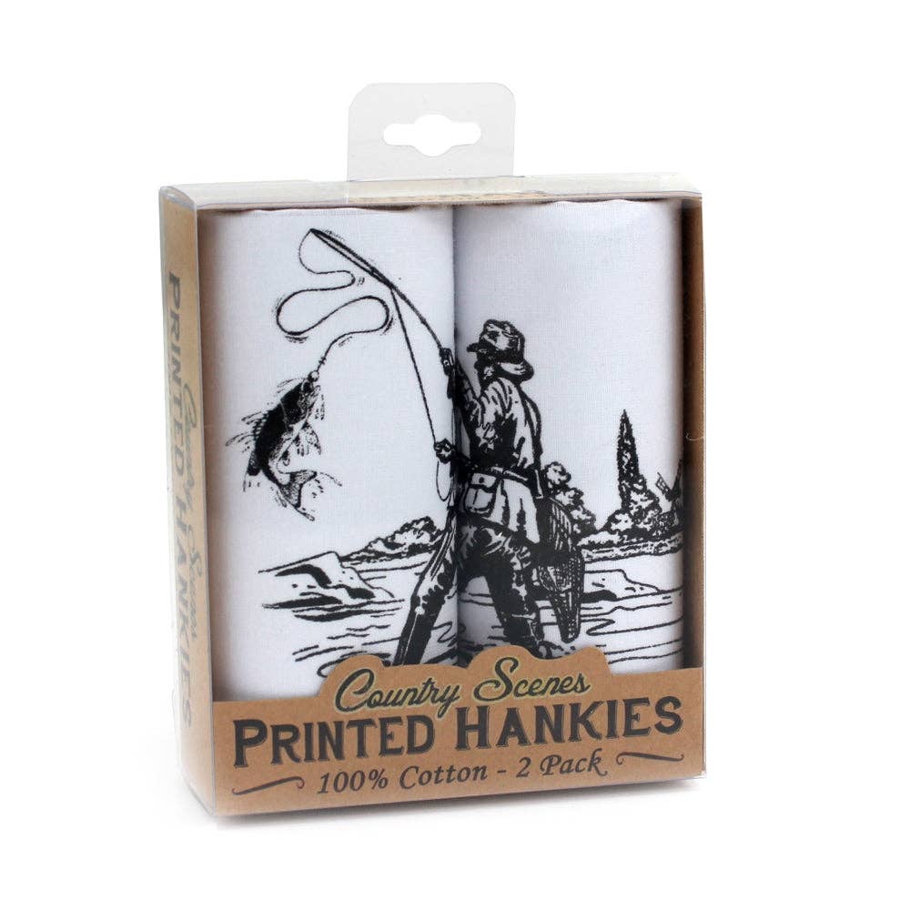 Two printed cotton hankies in a box with a fishing design, labeled 'Country Scenes Printed Hankies'.