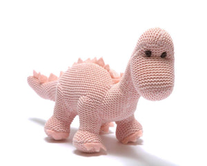 KNITTED ORGANIC COTTON PINK DIPLODOCUS DINOSAUR RATTLE